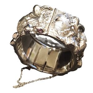 VTG Signed Whiting & Davis Floral Repousse Chuncky Bracelet Silver Tone -FLAWED